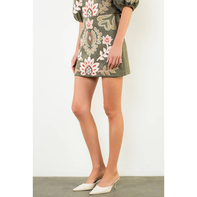 Suede Embroidered Short Skirt
