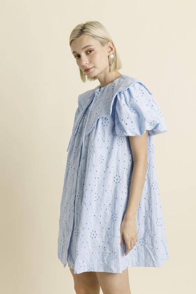 COTTON EYELET SCALLOP COLLAR DRESS