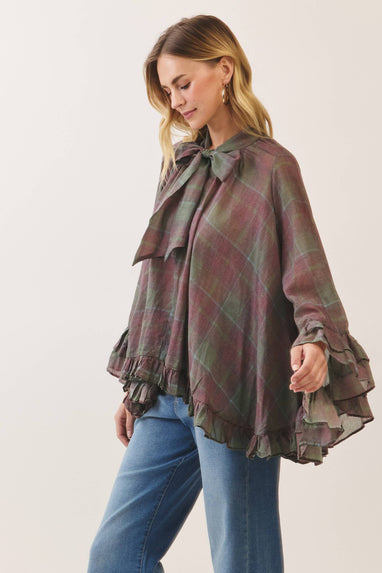 Plaid ruffle cape top
