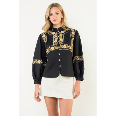 Long Sleeve Floral Embroidery Detail Top