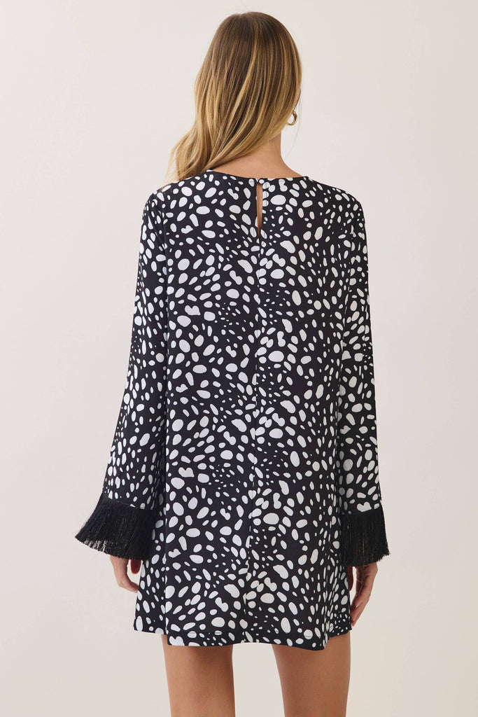 CD07624-Spotted print fringe sleeve mini dress