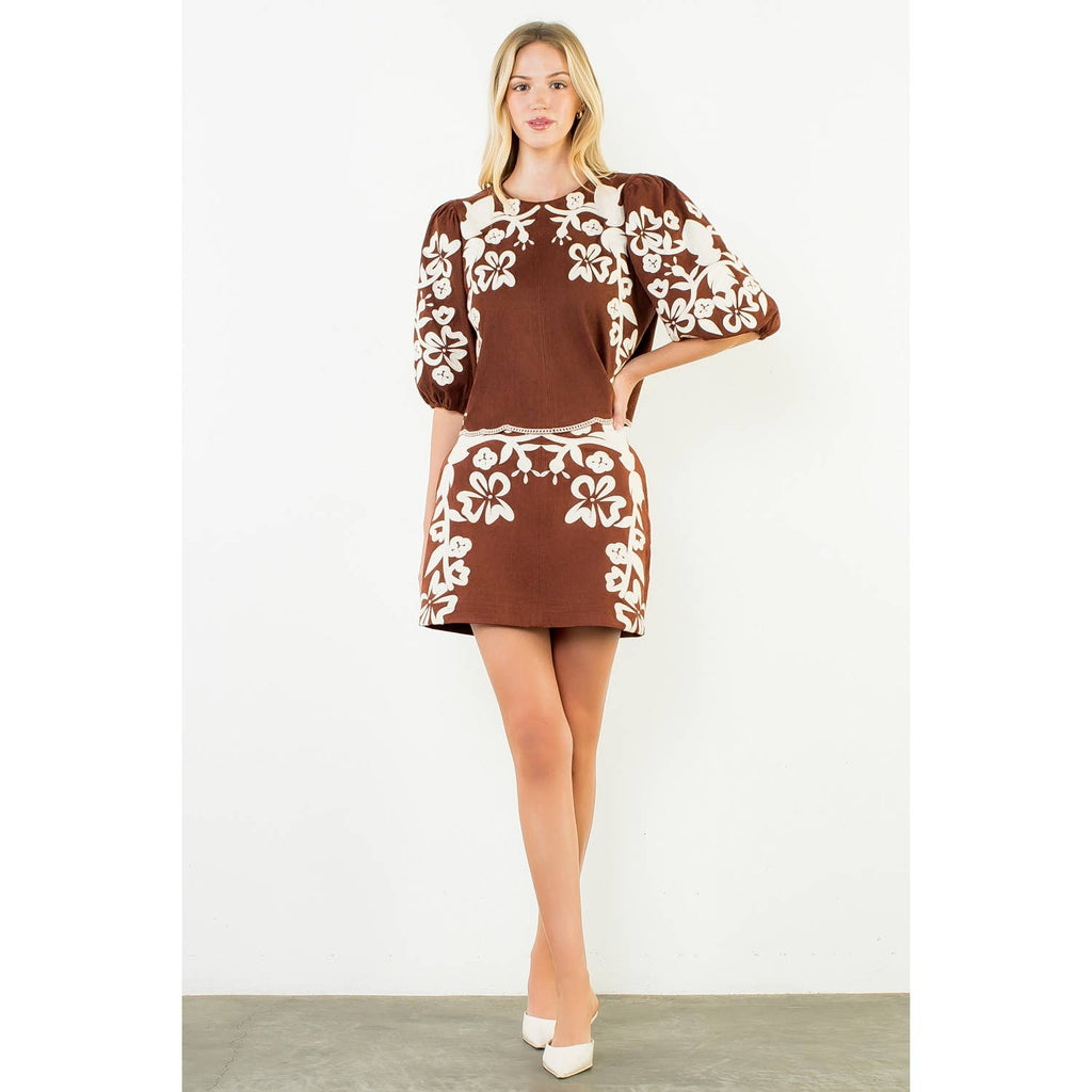 suede embroidered top brown