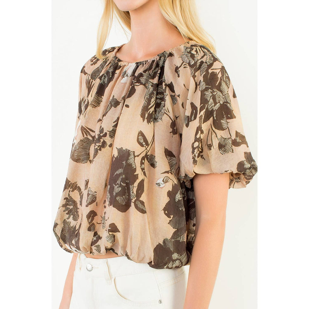 Floral Print Puff Sleeve Cinched Top