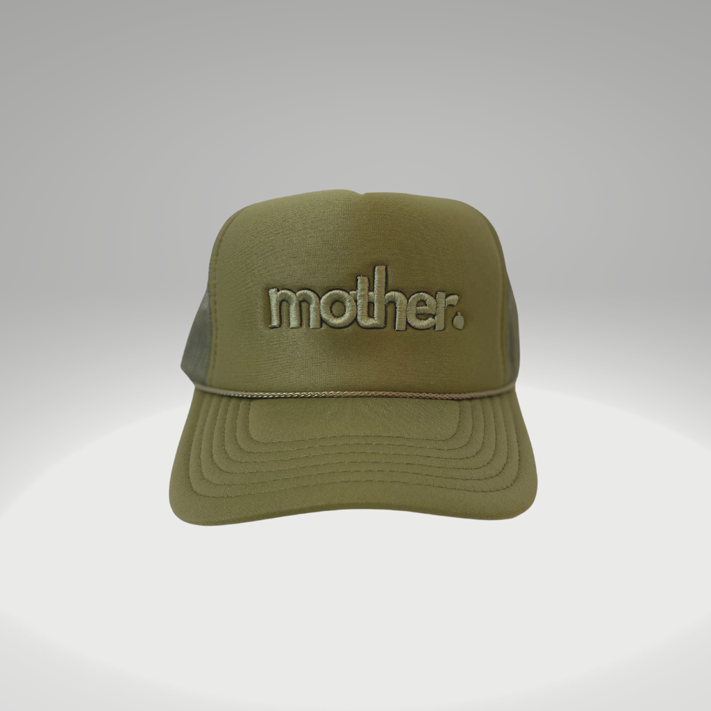 "mother." Embroidered Trucker Hat - Olive
