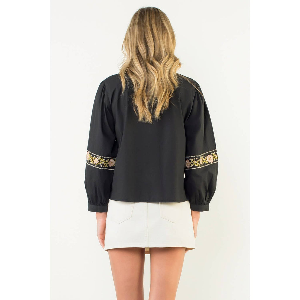 Long Sleeve Floral Embroidery Detail Top