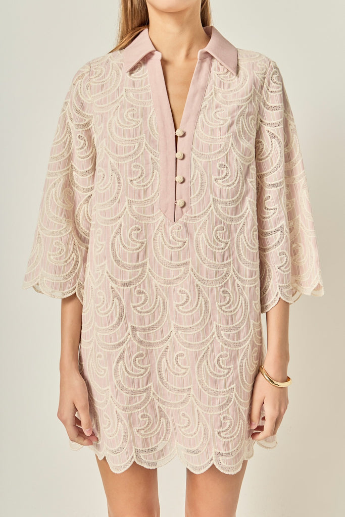 pink emb scallop shirt dress