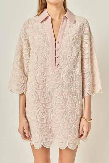 pink emb scallop shirt dress