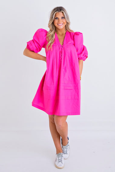 hot pink puff sleeve dress