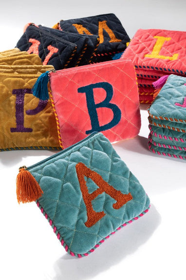 velvet quilted initial zip pouch