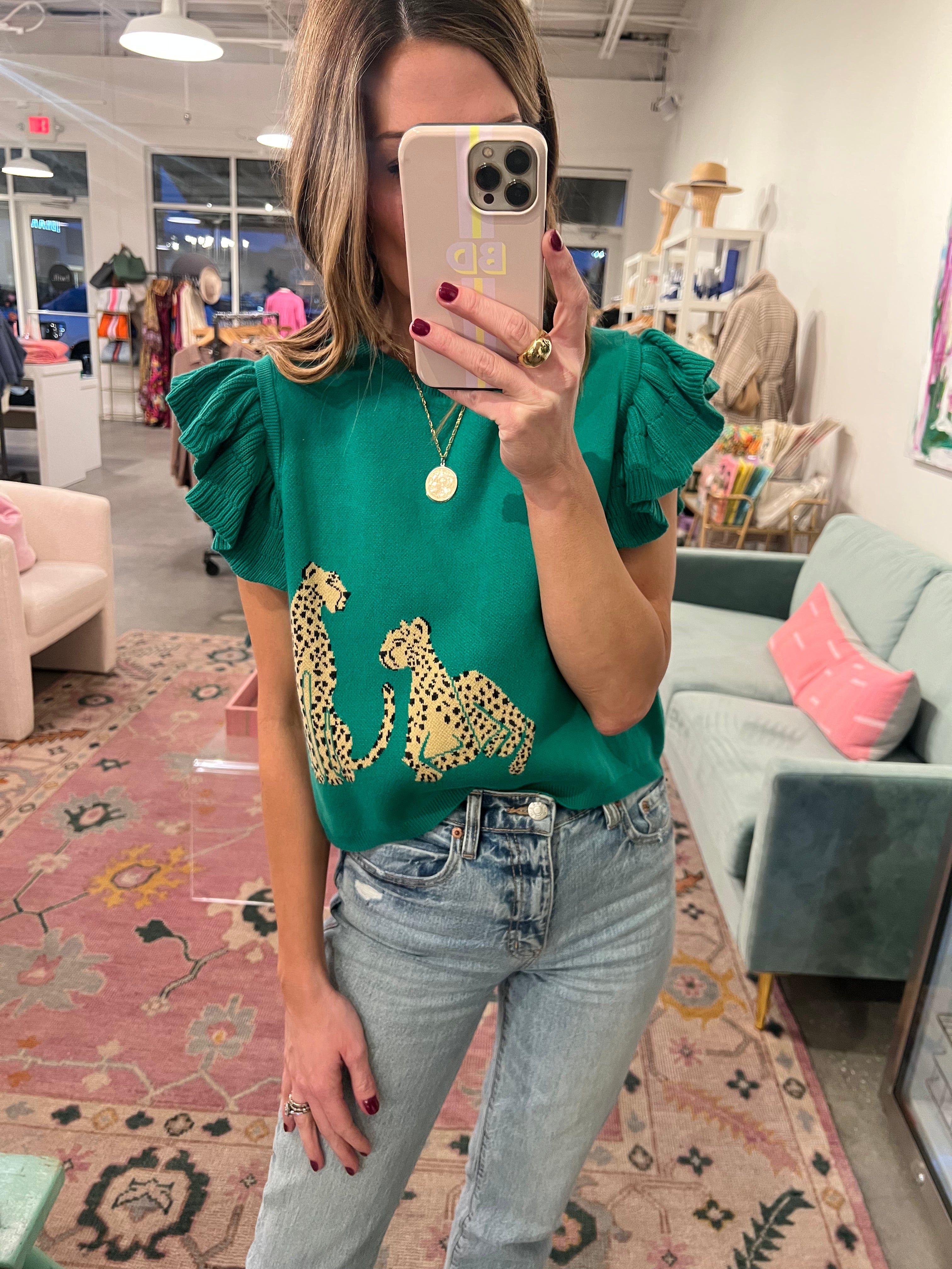 Leopard ruffle sleeve outlet top