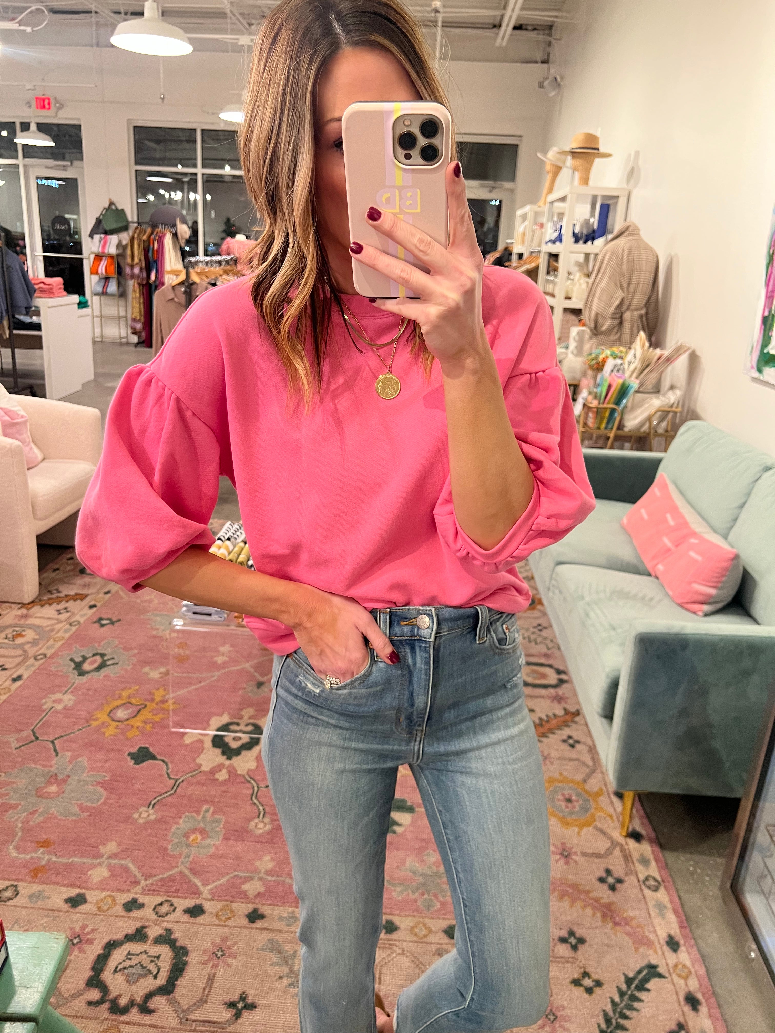 pink puff sleeve sweatshirt
