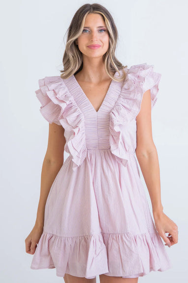 stripe ruffle front seersucker dress