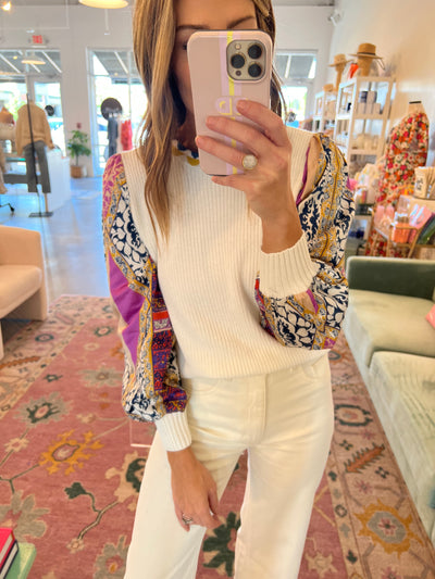 print woven contrast sleeve sweater